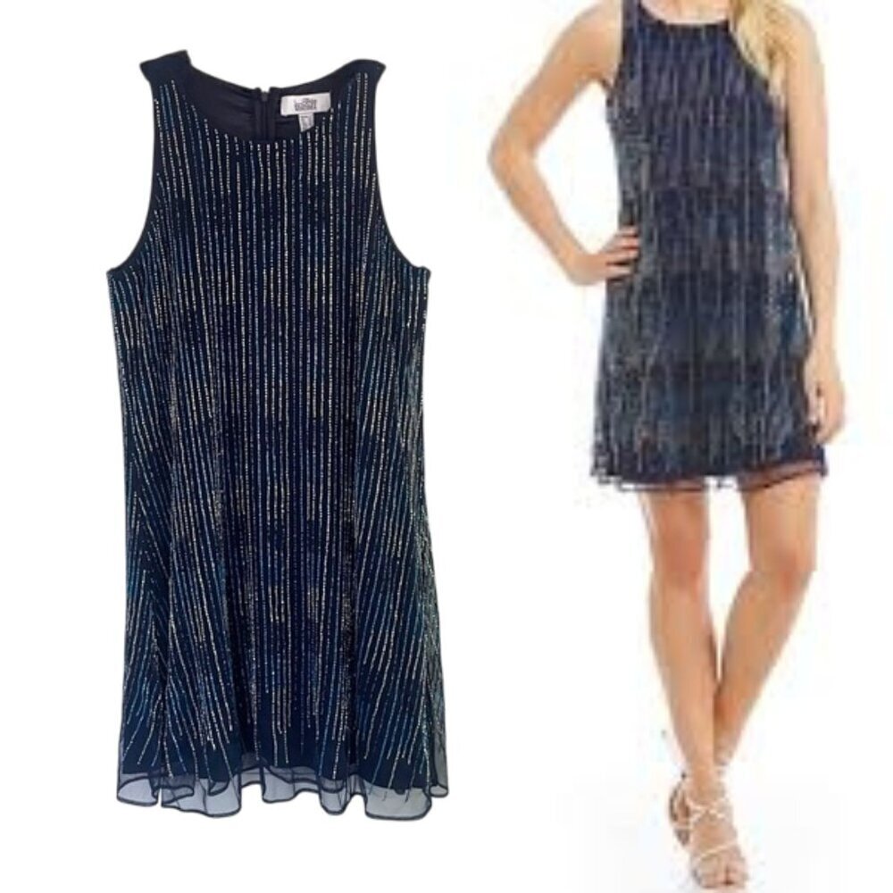 Belle Badgley Mischka Navy Sequin Beaded Sleeveless Shift Dress 6 26856